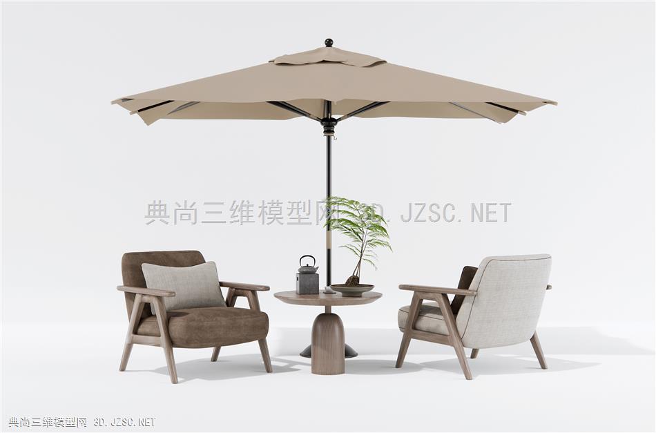新中式户外休闲桌椅 户外椅 休闲椅 蕨类盆栽茶具 太阳伞桌椅1