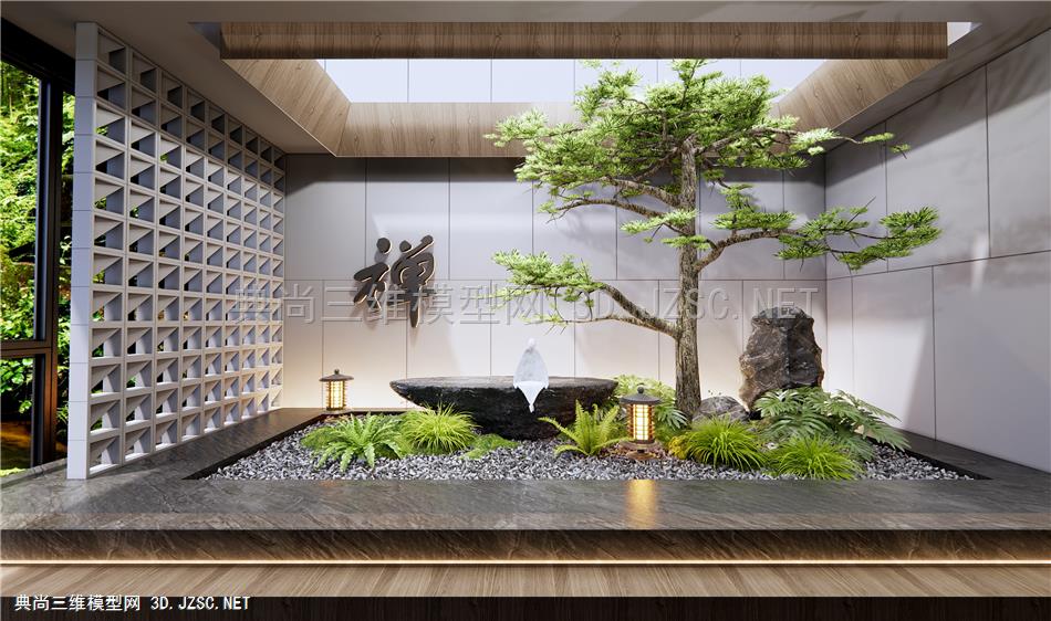 新中式室内景观造景 庭院小品 景观石头 蕨类植物 植物堆 松树 禅意小品1