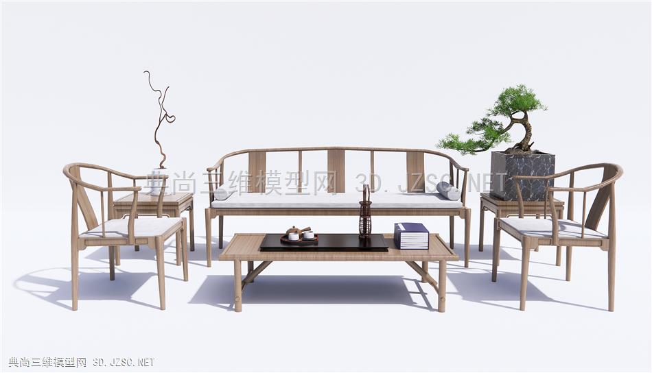 中式沙发茶几 松树盆景 休闲椅1
