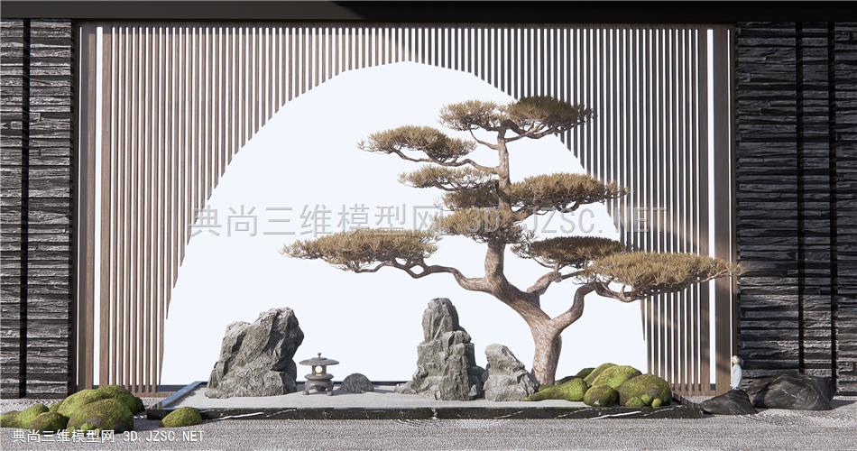 新中式庭院景观小品 石头 假山 松树 景墙1