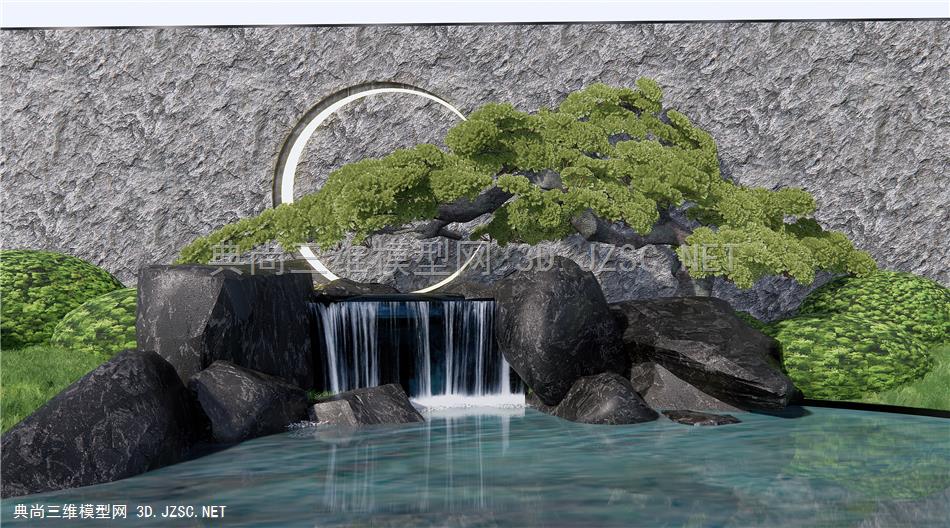 新中式假山水景 跌水景观 叠水 石头 松树 庭院景观小品1