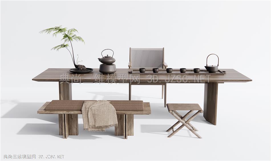 新中式茶桌椅 茶台 坐凳 盆栽 休闲椅