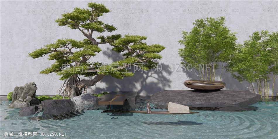 新中式庭院水景小品 跌水景观 罗汉松 迎客松 石头假山1