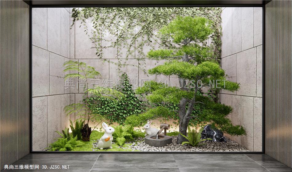 现代中庭庭院小品 室内植物造景 天井景观 爬山虎 蕨类植物堆 青苔 水钵 松树