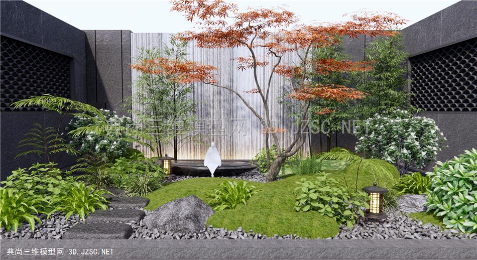 新中式枯山石庭院景观 植物景观造景 水景墙 石头 苔藓植物 砂石汀步 红枫树1