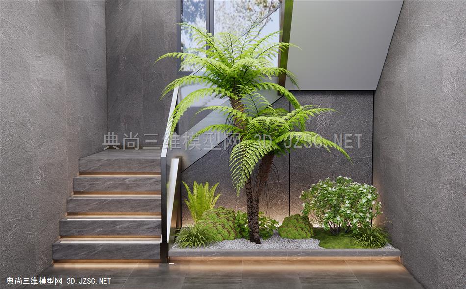现代楼梯间景观造景 植物景观 植物堆 蕨类植物 热带植物 乔木