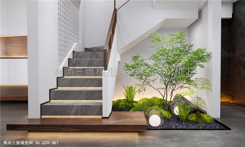 现代楼梯间 室内植物造景 石头 植物堆 乔木1