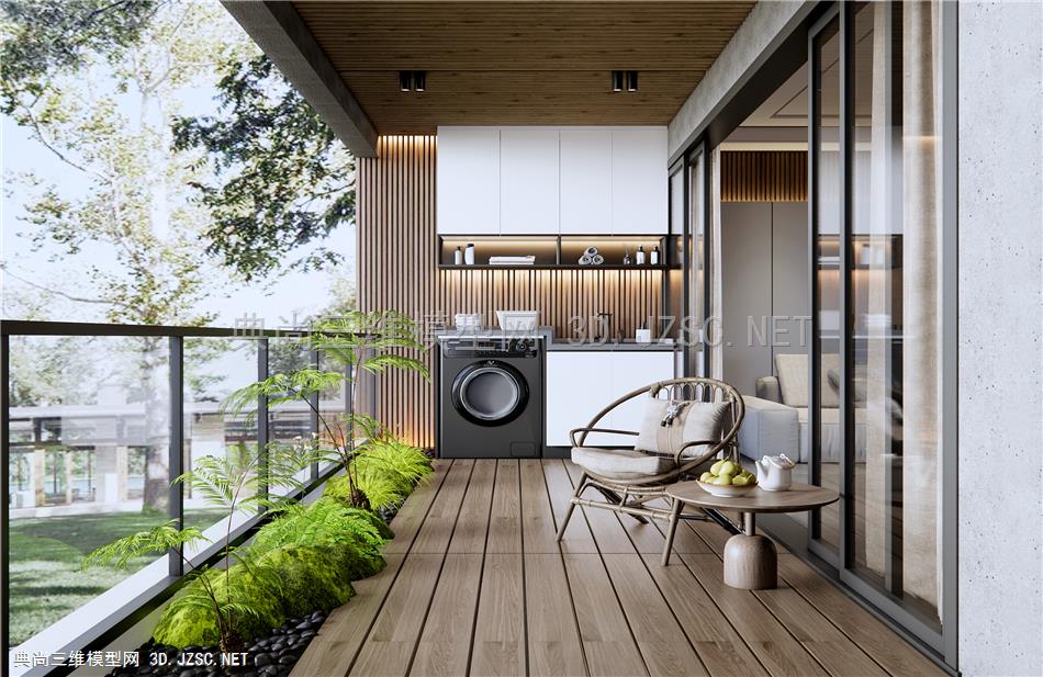 现代家居阳台 露台 洗衣机 阳台柜 推拉门 植物堆 藤编休闲椅 玻璃围栏