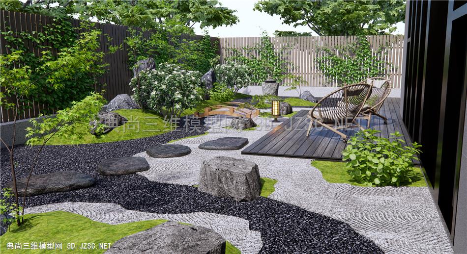 日式居家庭院景观 枯山水 假山石头 置石 汀步 植物景观 围栏1
