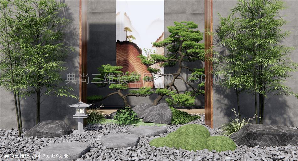 新中式庭院小品 泰山枯石 景墙围墙 石头松树 景观小品1
