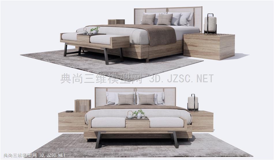 新中式布艺双人床 床尾凳 床头柜1