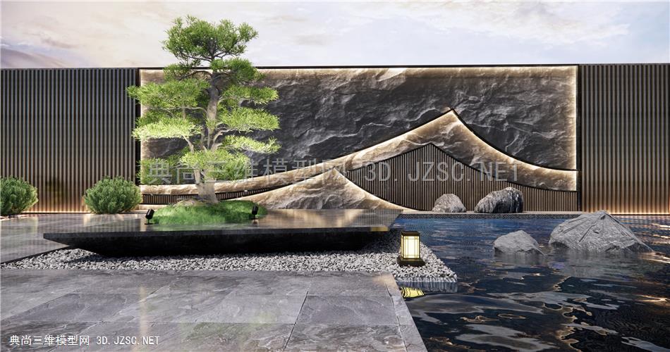 新中式水景景墙 庭院景观小品 景观松树 假山石头 示范区景观1