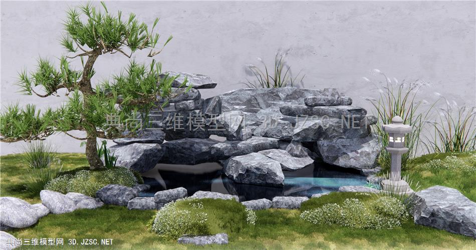 新中式假山水景 庭院小品 石头景墙 松树1