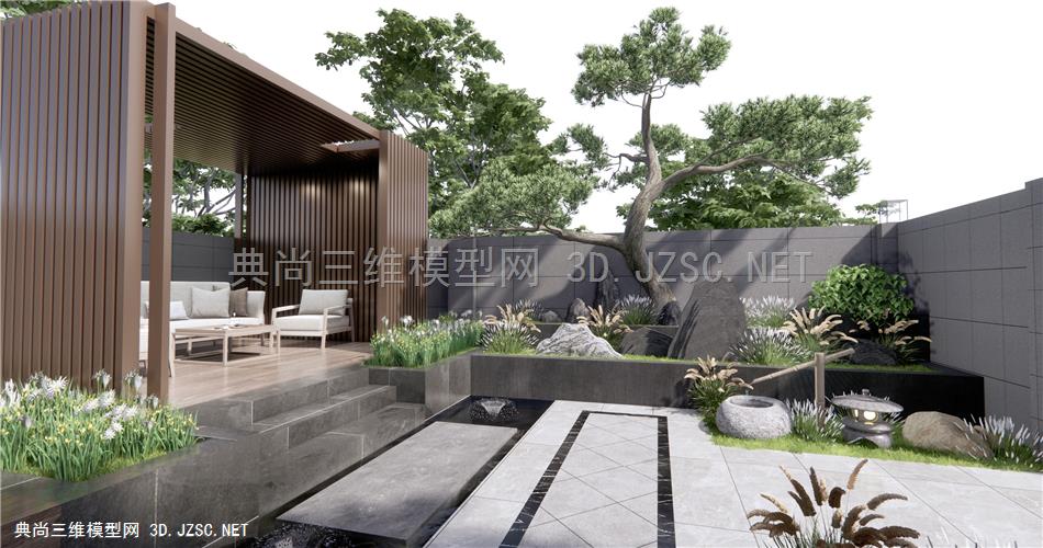 新中式庭院花园景观 户外休闲桌椅 户外沙发 假山石头 亭子 松树 景观树1
