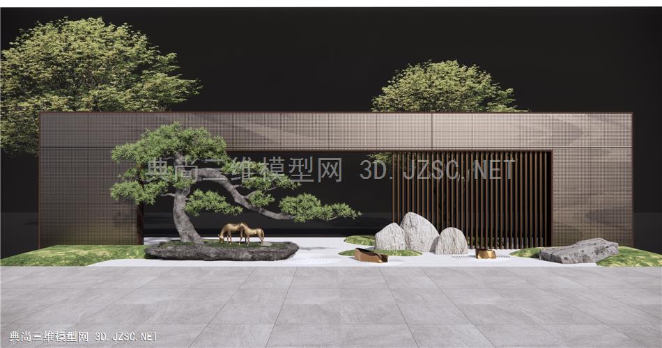 新中式示范区景墙 庭院景观小品 雕塑小品 景观松树 石头1