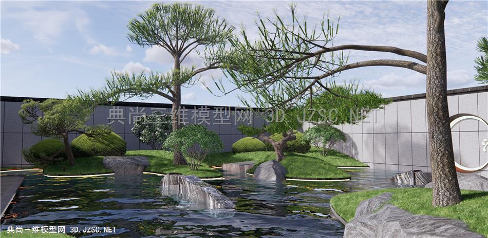 新中式庭院景观 景墙水景 石头 假山 景观树 松树 枯山石1