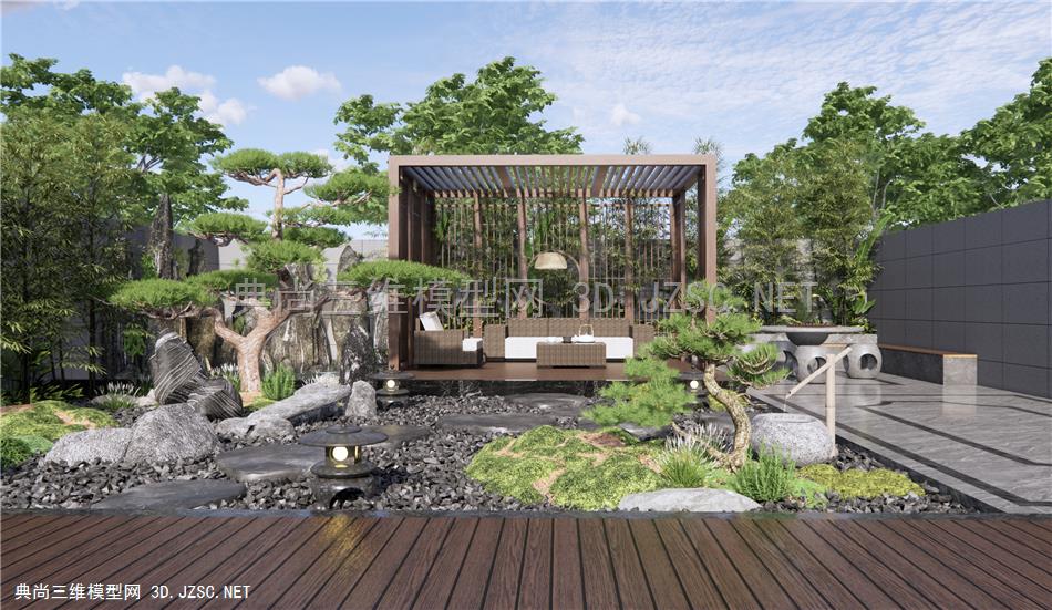 新中式庭院花园景观 假山水景 枯山石 亭子 松树 竹子 石桌 户外沙发1