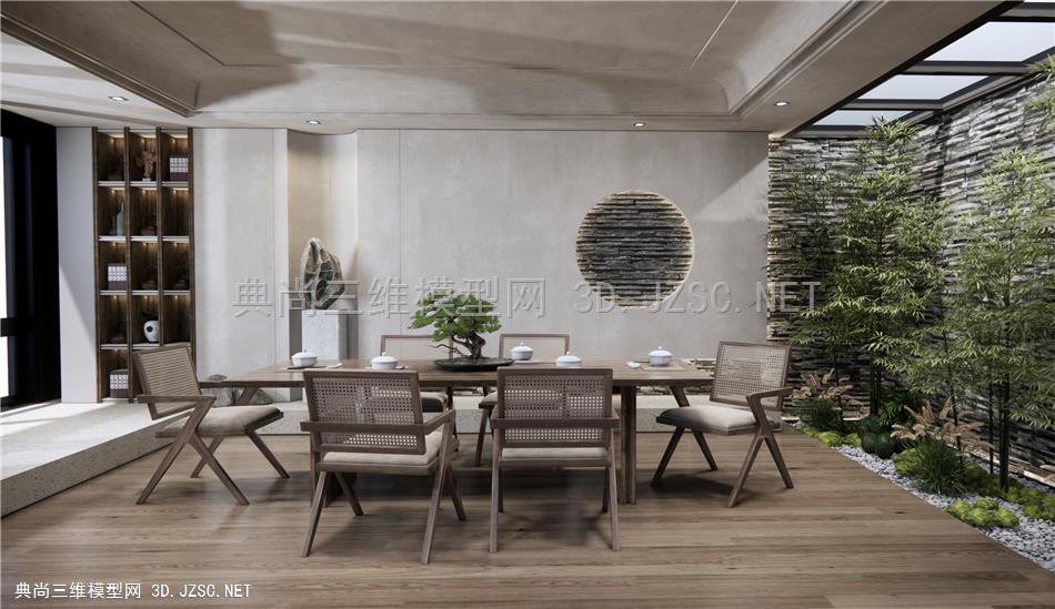 新中式餐厅 餐桌椅 藤编休闲椅 室内景观小品 竹子 苔藓1