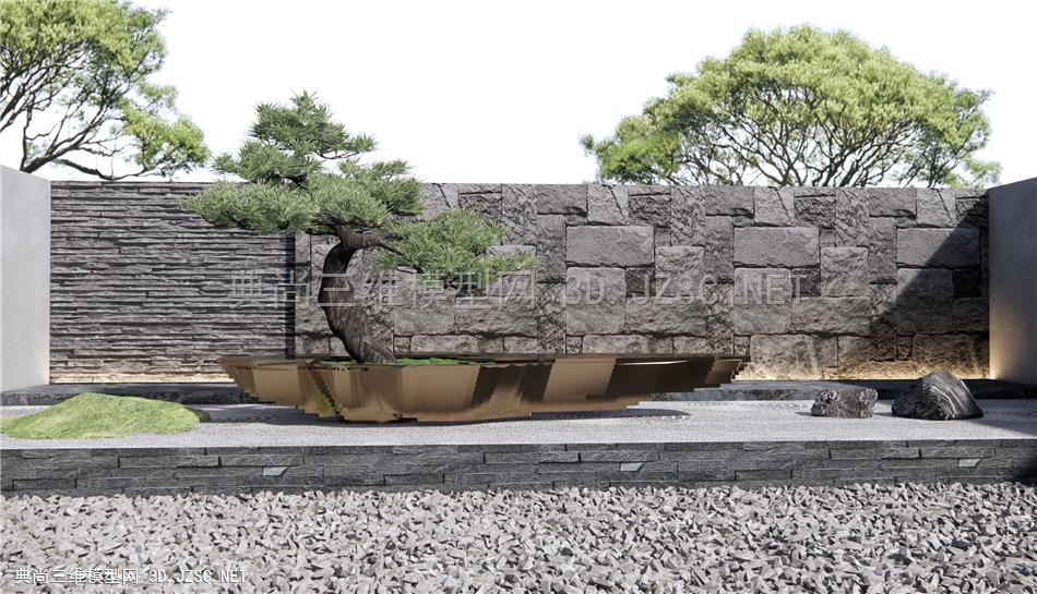 新中式雕塑景墙 枯山石庭院景观 松树盆景 石头 景墙围墙1