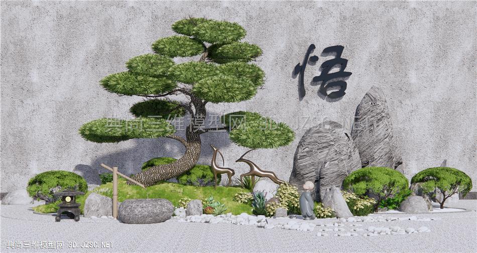 新中式庭院景观小品 枯山水庭院景观 禅意景观 石头 景观树1