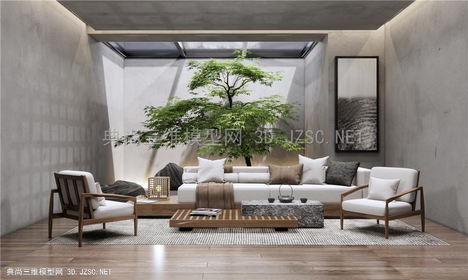 新中式沙发茶几组合 客厅沙发 室内景观小品 景观树 休闲椅1