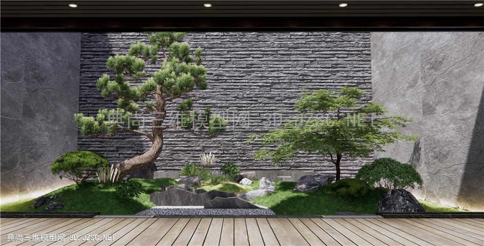 新中式庭院植物景观 景观小品 天井景观 景观树 石头1
