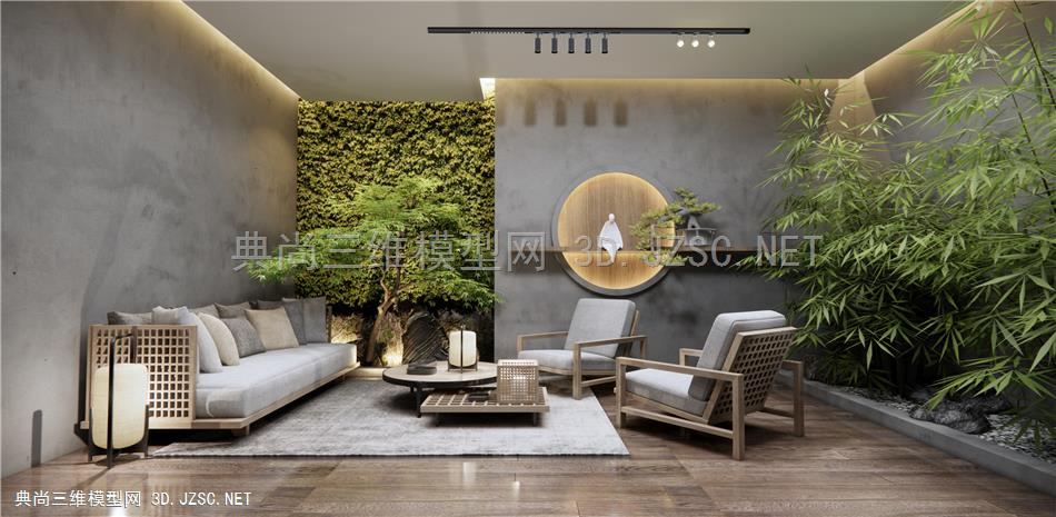 新中式沙发茶几组合 家居客厅 景墙 绿植墙 景观树1