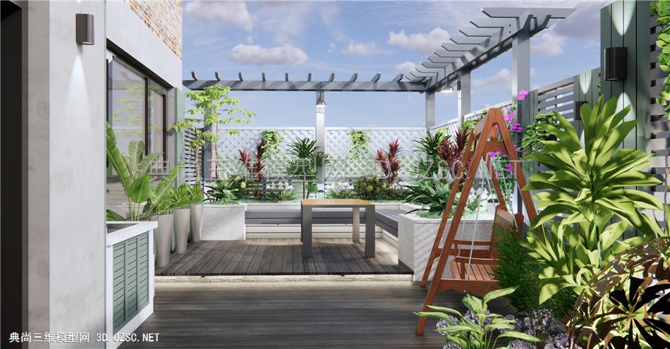 现代屋顶花园景观 露台阳台景观 户外植物盆栽 花草 围栏栏杆1
