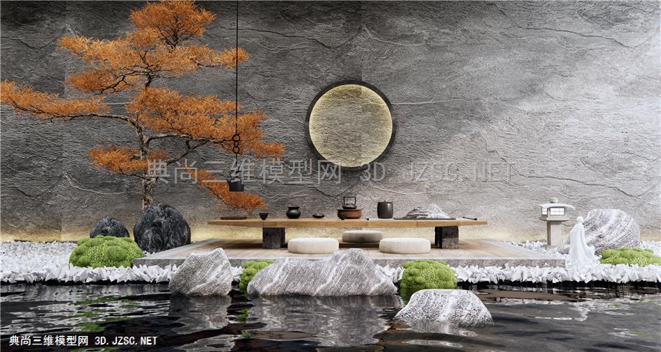 新中式茶室 茶桌椅 枯山水景观小品 假山石头 景观树 禅意庭院景观1