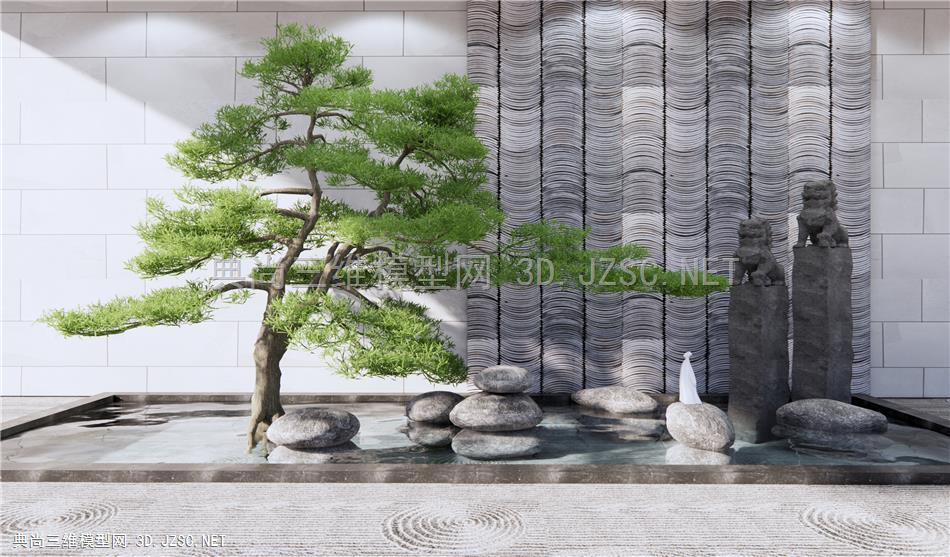 新中式石头水景 景墙庭院小品 枯山水石 迎客松景观树1