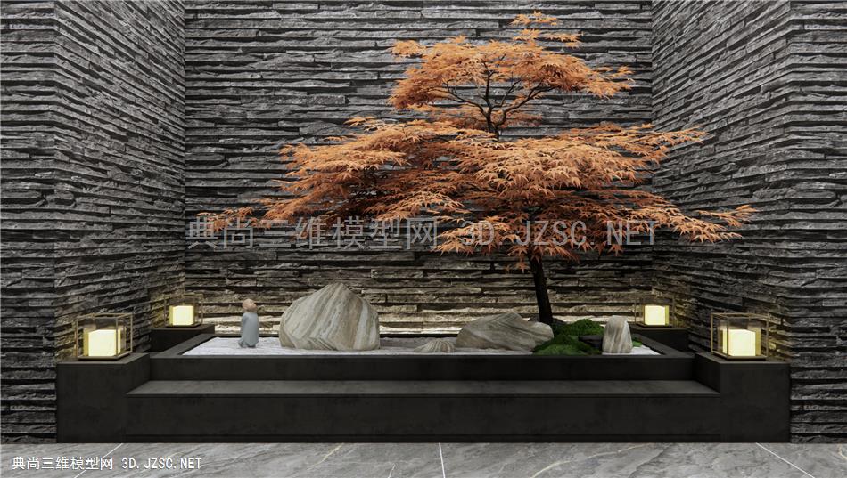 新中式禅意枯山石景观小品 景墙围墙 假山石头 景观树1