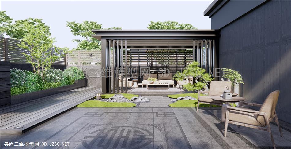 新中式庭院景观 屋顶花园 户外桌椅 户外沙发 亭子 流水景墙 灌木植物 景观树