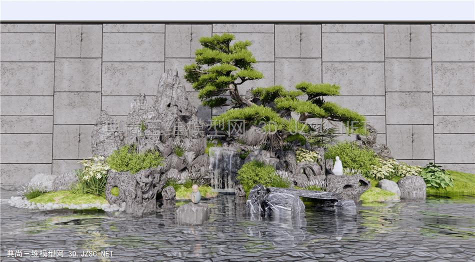 新中式假山水景 叠水景观 石头 景观小品 水景叠石 植物松树