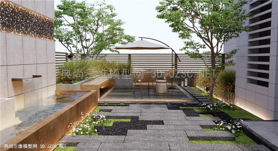 现代庭院景观 屋顶花园 草丛植物 流水景墙 户外坐椅1