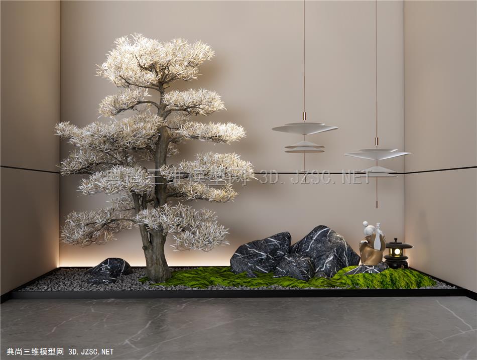 日式室内景观造景 庭院小品 景观石头 造型松树 吊灯