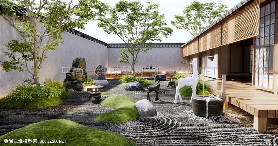 日式居家庭院景观 枯山水园艺造景 水钵 假山石头 麋鹿雕塑 景观树1