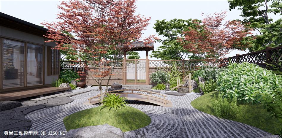 日式枯山水庭院景观 植物景观 木围栏 庭院门 景观石头 红枫