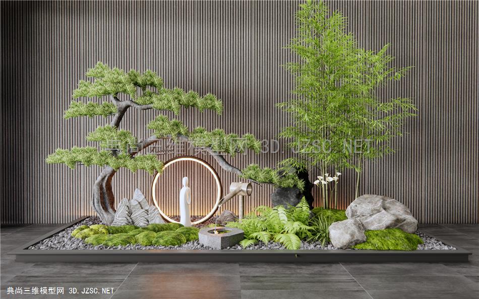 现代室内景观造景 庭院小品 假山石头 水钵 松树 竹子