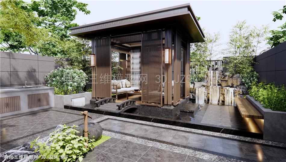 新中式庭院景观 假山水景 亭子 户外沙发 竹子 景观树 灌木