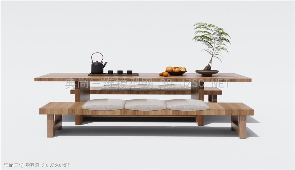 日式茶桌椅 原木茶桌 长凳 茶具1