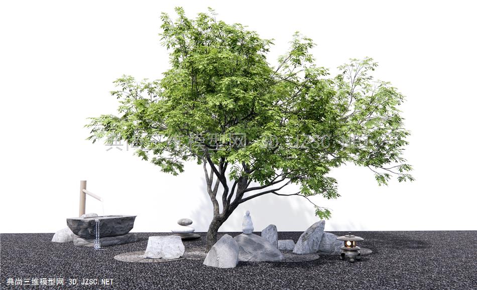 新中式景观造景 庭院景观小品 景观树 石头1