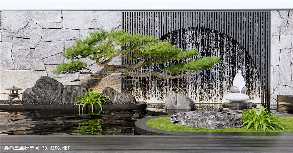 新中式假山水景 流水景墙 跌水小品 松树 石头 景观石 庭院水景墙1