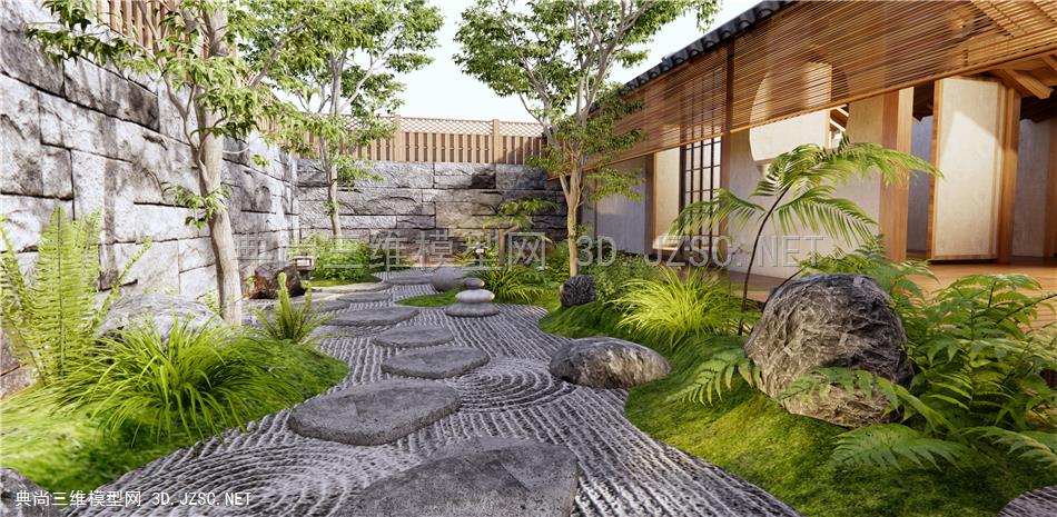 日式枯山水庭院景观 植物堆景观 禅意园艺造景 水钵 景观石 树木 蕨类植物1