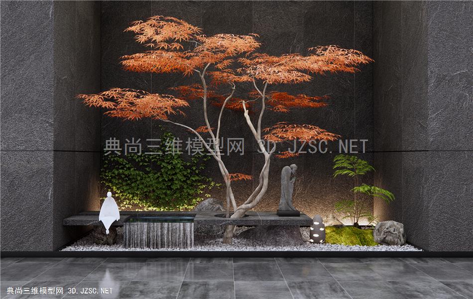 新中式室内景观造景 跌水小品 水钵 红枫造景树 庭院小品 景观石头 爬山虎植物1