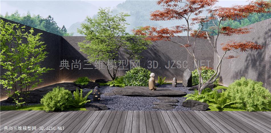 日式庭院景观 景观石头 植物堆 红枫树 乔木 地灯 山石庭院造景1