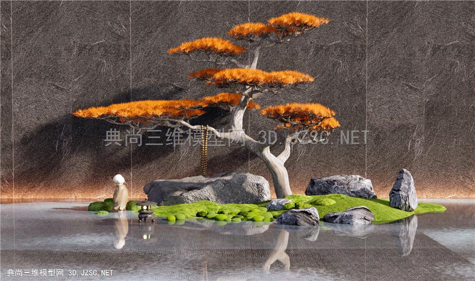 新中式松树石头景观造景 庭院小品 假山水景 苔藓 景观石 迎客松1