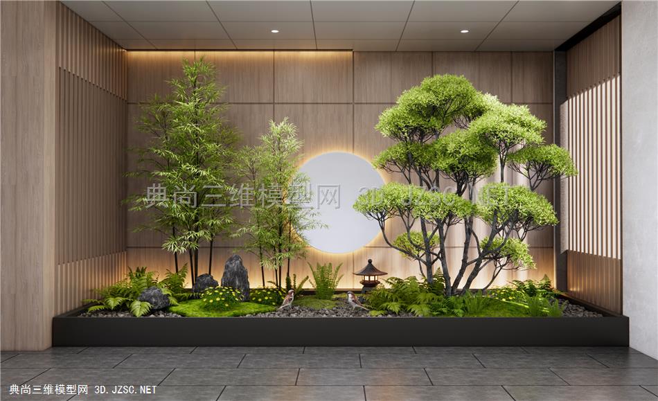 新中式室内植物造景 庭院小品 植物堆 松树 景观石 竹子1