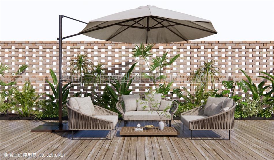 现代户外休闲沙发 编织沙发 灌木植物堆 红砖围墙