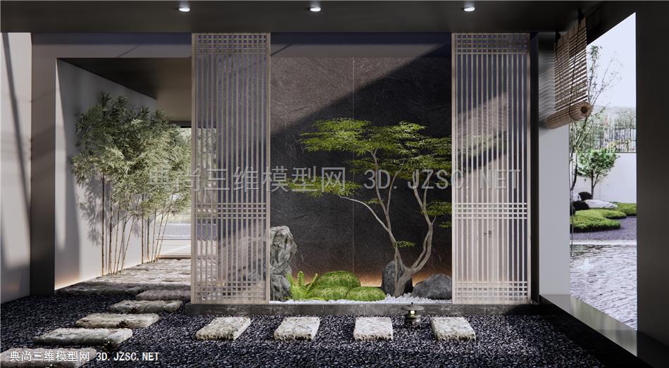 新中式枯山水庭院小品 室内景观造景 枫树 景观石头 石板1