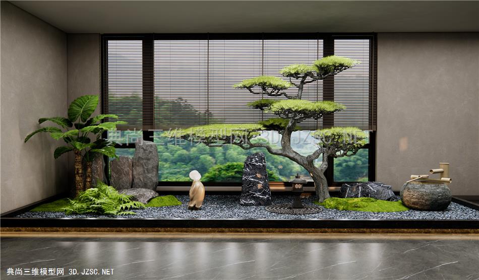 新中式室内松树景观造景 假山石头 竹帘 百叶帘 植物景观 水钵1